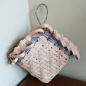 Handmade Bamboo Basket Diamond Shape Hanging Loop Natural Bamboo Blue Trim